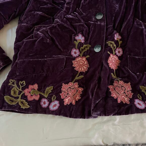 J Jill Purple Velvet Floral Embroidered Button Down Blazer Jacket Sz L - Picture 3 of 9